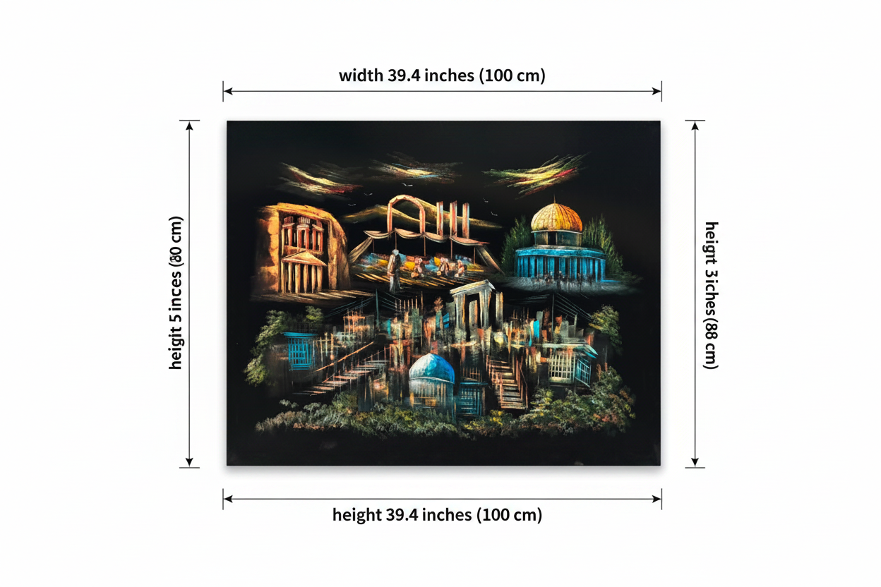 Dimension diagram for Holy Land Panorama oil painting — 39.4 inches wide by 31.5 inches tall (100cm x 80cm)