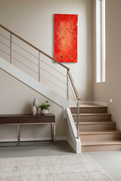 Islamic calligraphy red sculptural canvas on staircase wall