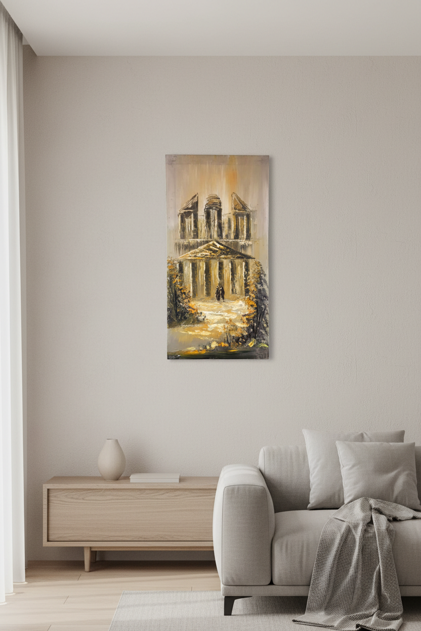 Ancient Temple oil painting on empty living room wall, no frame