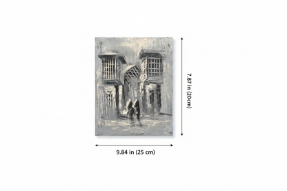 Dimension diagram showing 9.84 inch width and 7.87 inch height of the old city shanasheel oil painting canvas