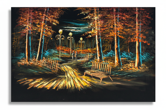 Nocturnal park canvas art on white background with shadow — clean product view
