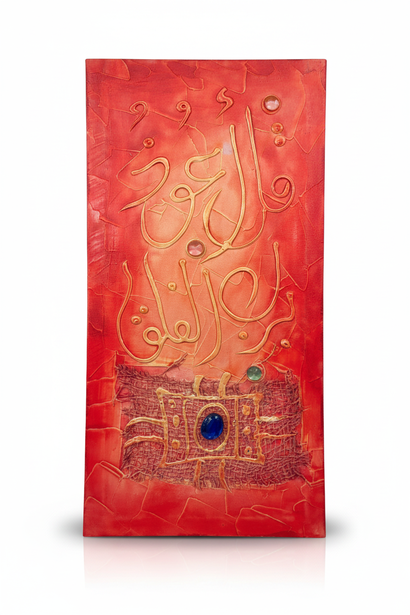 Islamic calligraphy red-orange canvas on white background with shadow