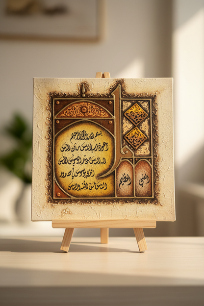 Al-Ali Al-Aleem Islamic calligraphy canvas on wooden art stand