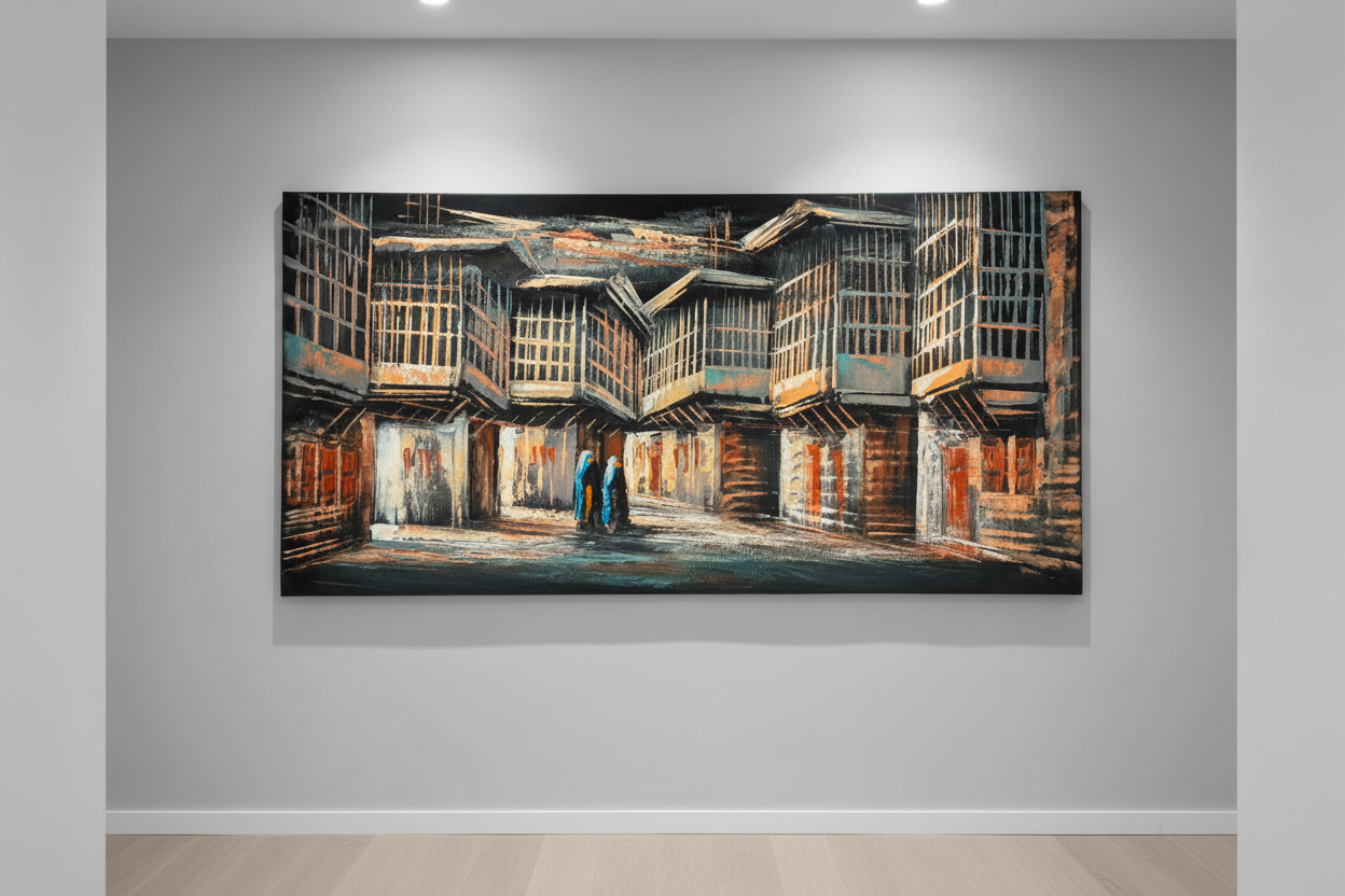 Old Bazaar Alley painting displayed in modern hallway interior setting
