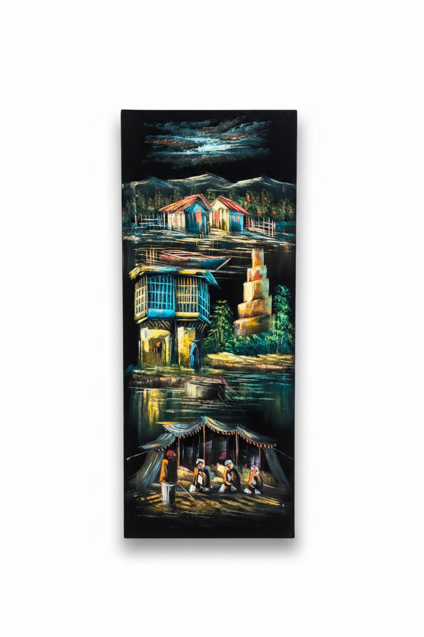 Original oil painting on white background with shadow – Middle Eastern village nocturnal scene