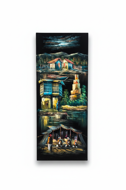 Original oil painting on white background with shadow – Middle Eastern village nocturnal scene