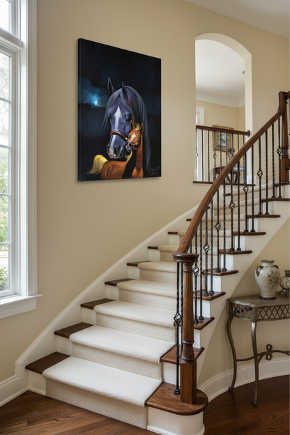 Arabian horses canvas hung on a staircase wall at realistic scale