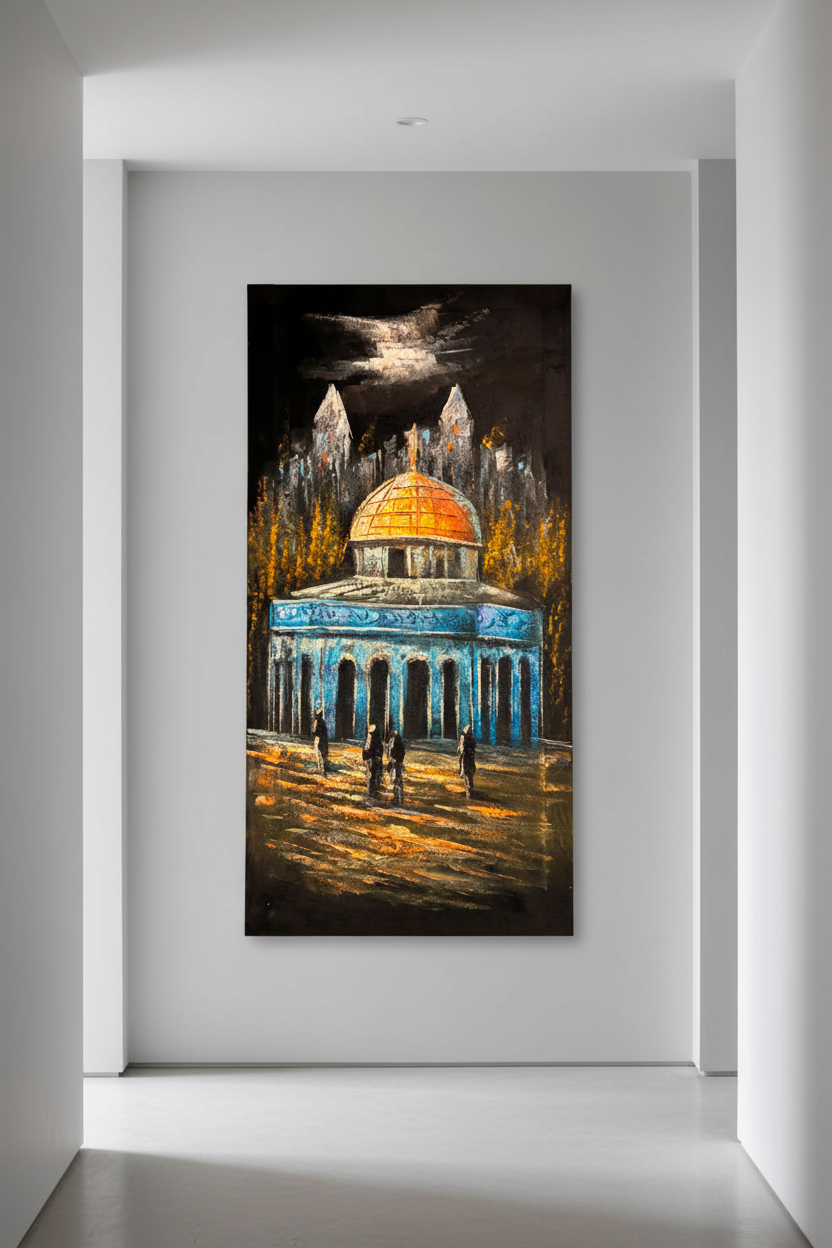 Dome of the Rock painting displayed in modern hallway interior setting