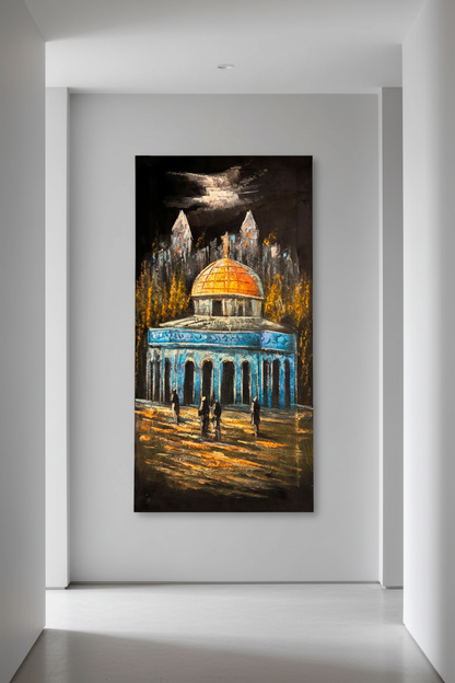 Dome of the Rock painting displayed in modern hallway interior setting