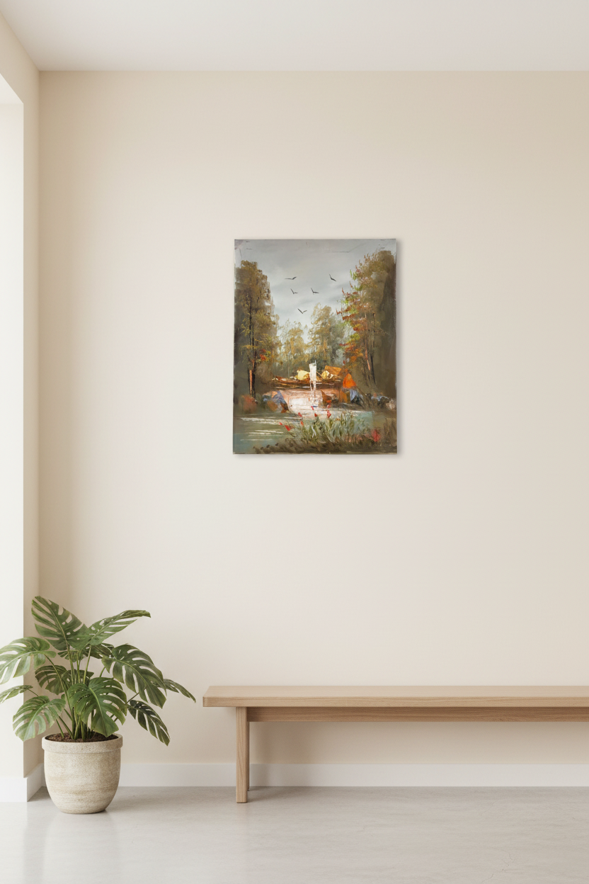 Forest woodland camp oil painting hung on empty wall – frameless display