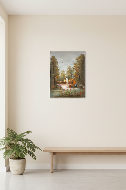 Forest woodland camp oil painting hung on empty wall – frameless display