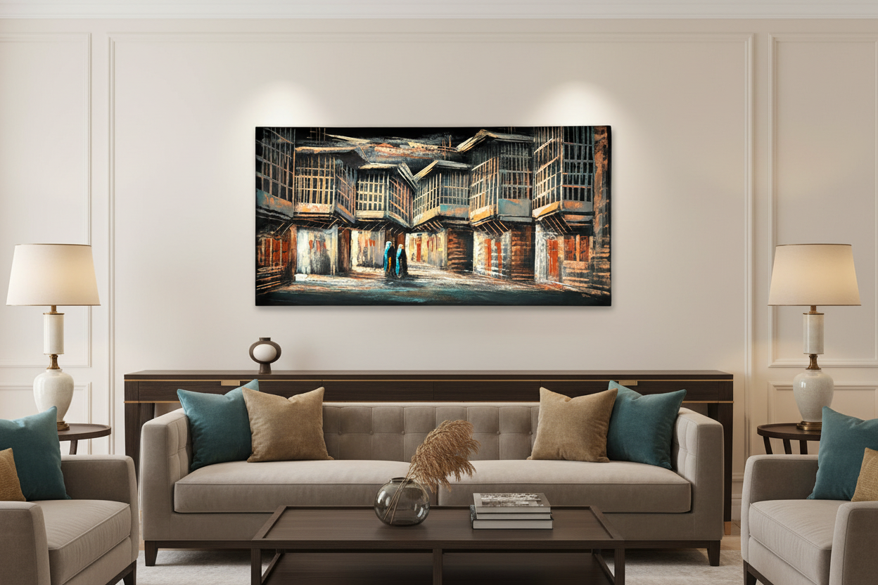 Old Bazaar Alley painting displayed in luxury living room area setting