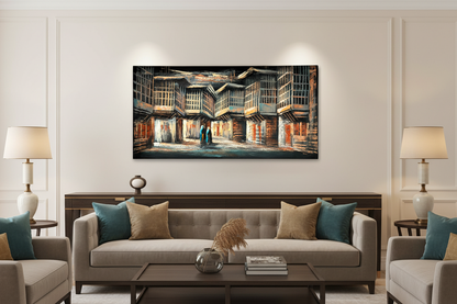 Old Bazaar Alley painting displayed in luxury living room area setting