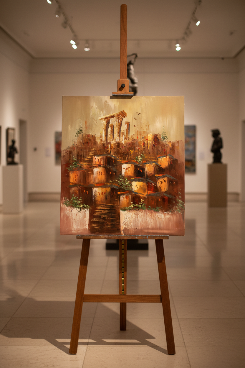 Hillside village ancient ruins oil painting on wooden art easel stand, gallery setting, no frame, portrait proportions