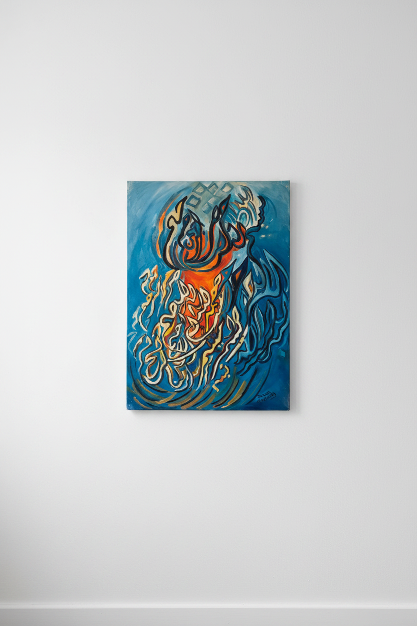 Blue flame Islamic calligraphy canvas mounted on empty white wall – frameless gallery wrap