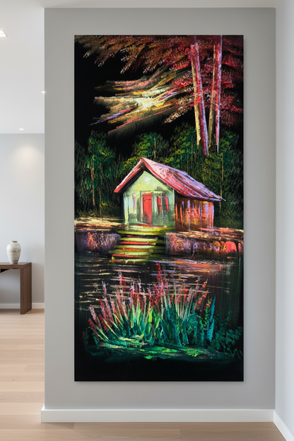 Lakeside Cottage painting displayed in modern hallway interior setting