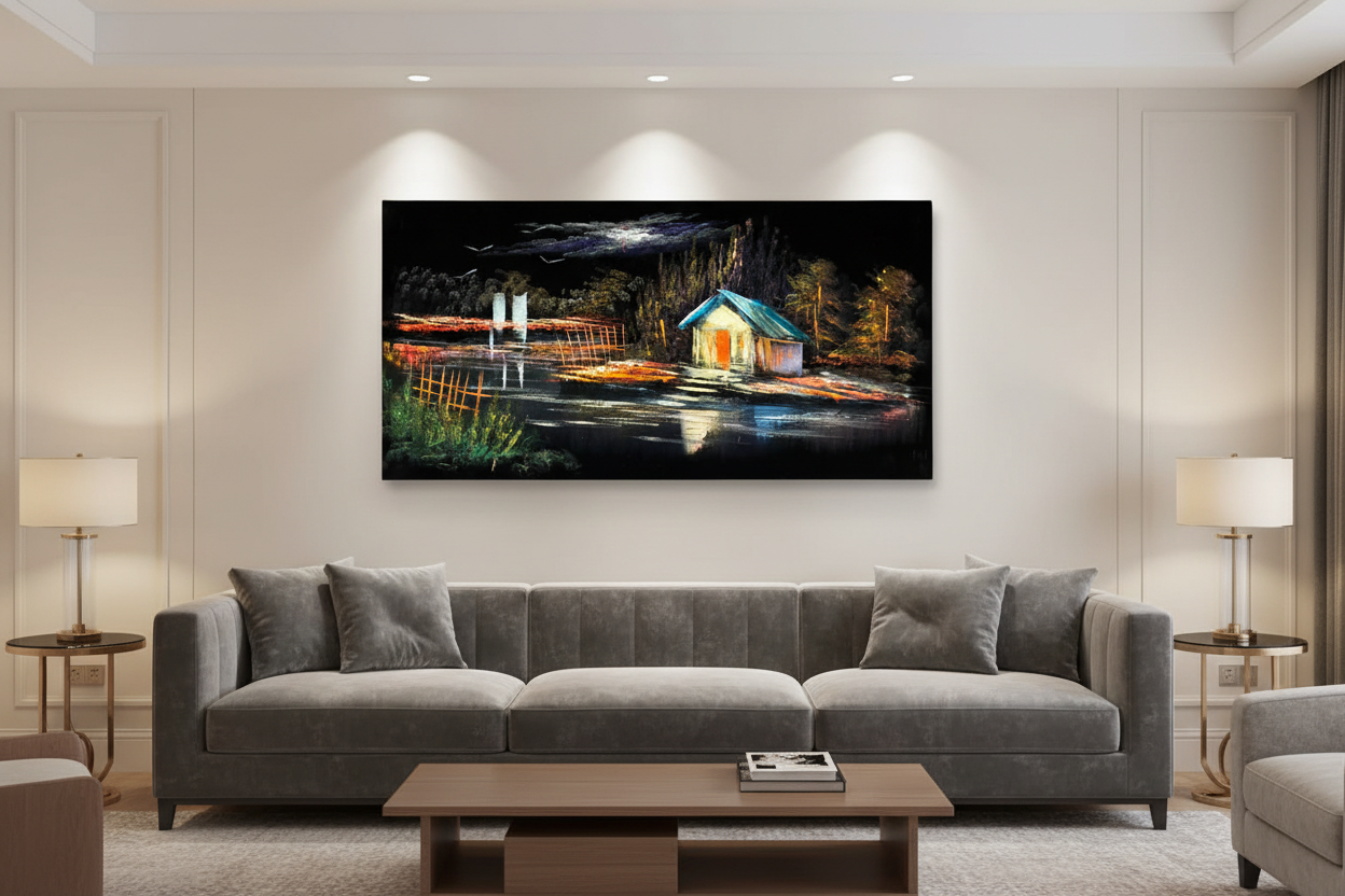 Teal Roof Cottage painting displayed in luxury living room area setting
