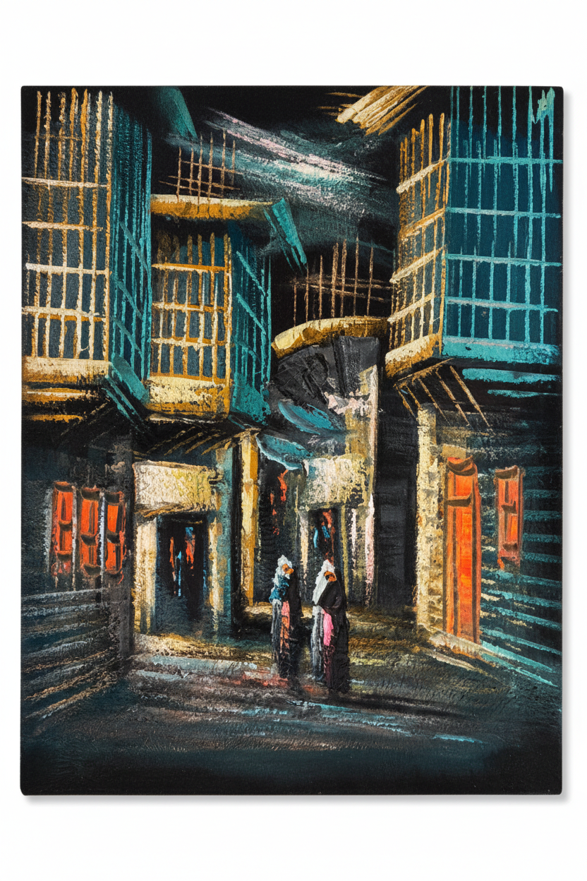 Teal & Gold Alleyway at Night oil painting isolated on pure white background — clean studio product shot, no frame, portrait canvas
