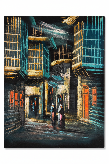 Teal & Gold Alleyway at Night oil painting isolated on pure white background — clean studio product shot, no frame, portrait canvas