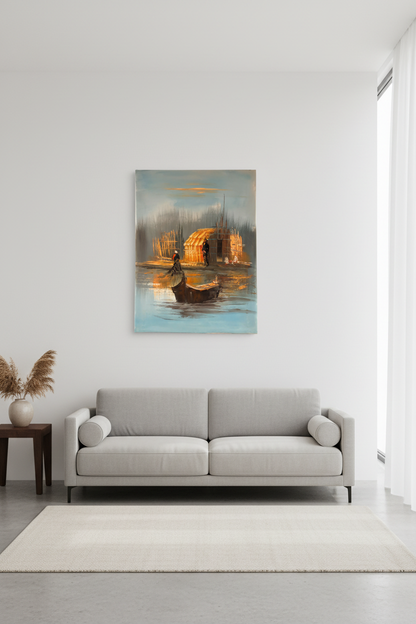 Oil painting hung on white wall in minimalist living room