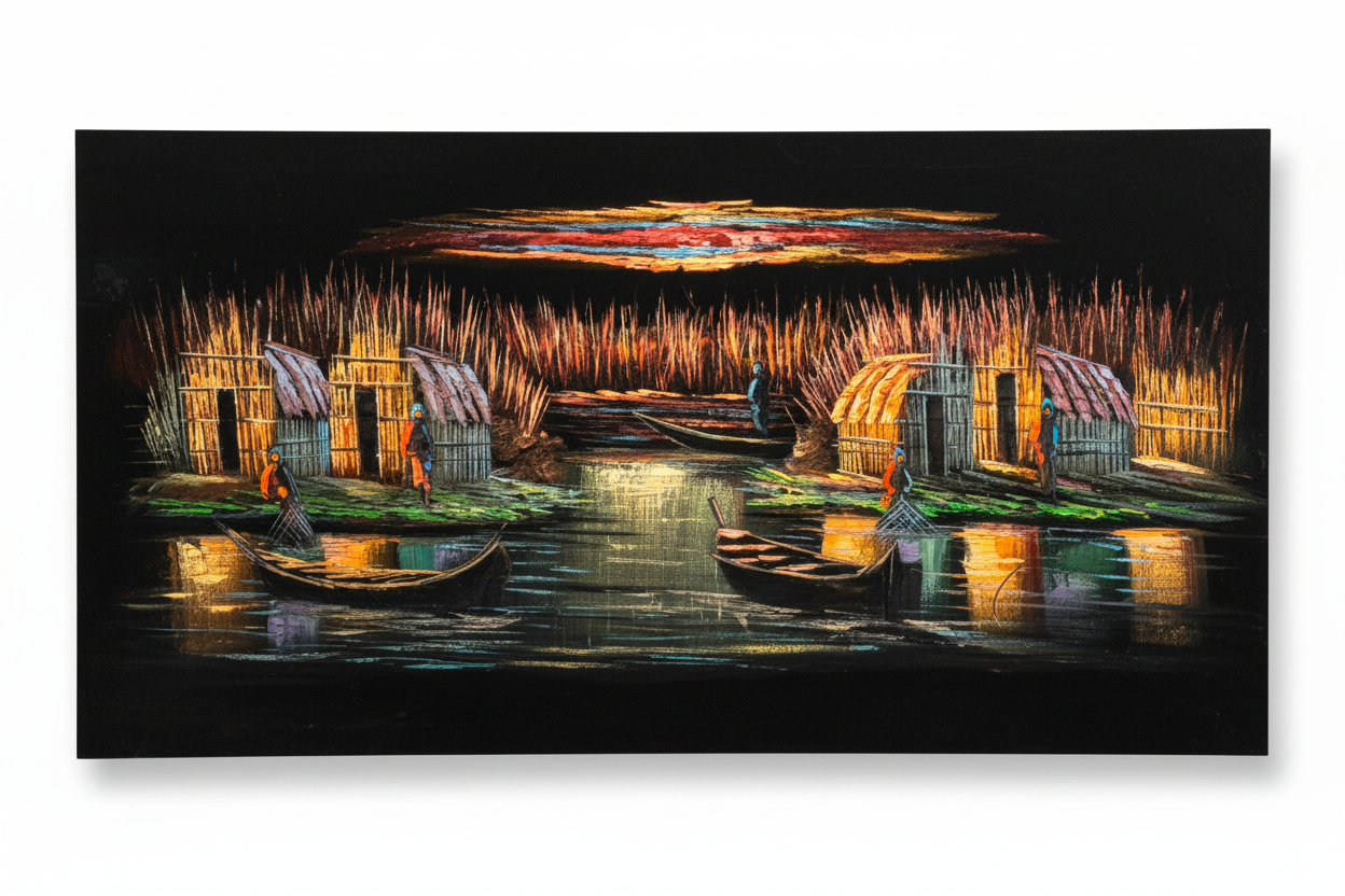 Iraqi marshland fishing village scene canvas wall art on white background with shadow – 47x24 inches