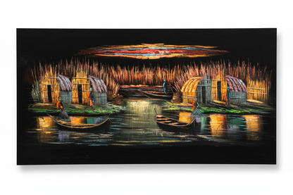 Iraqi marshland fishing village scene canvas wall art on white background with shadow – 47x24 inches