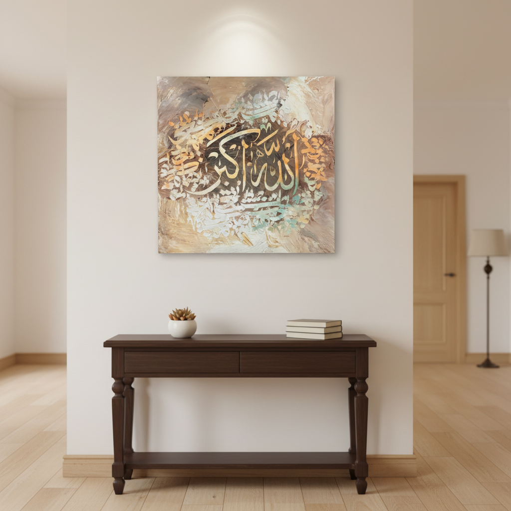 Allahu Akbar pearl white sage square canvas art displayed in a modern hallway, no frame