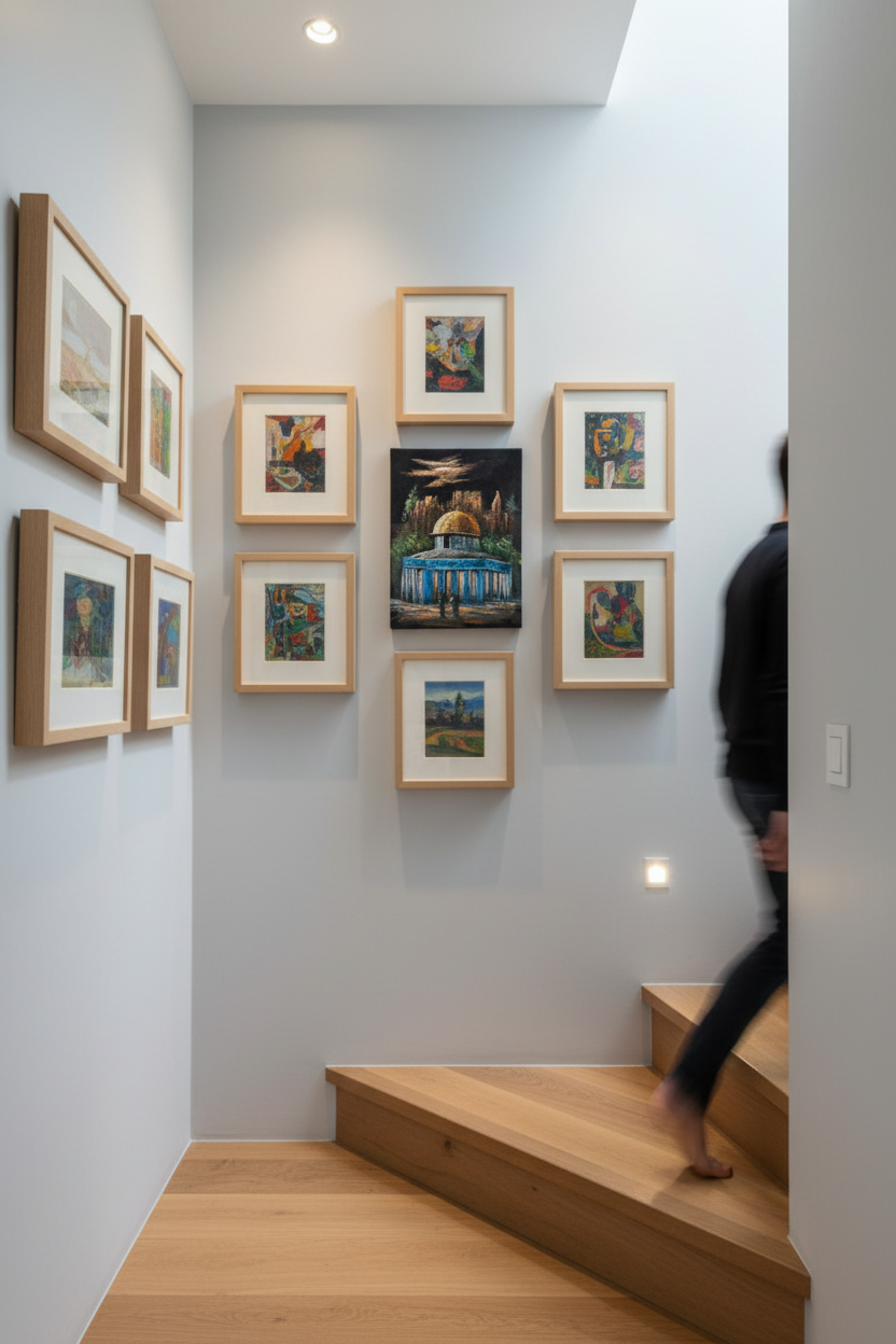 Dome of the Rock night II canvas art displayed on staircase gallery wall in modern home lifestyle photo