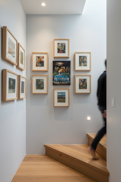 Dome of the Rock night II canvas art displayed on staircase gallery wall in modern home lifestyle photo
