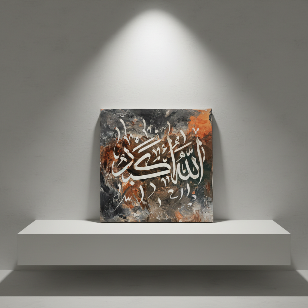 Allahu Akbar square canvas art 15.75x15.75 inches (40x40cm) displayed on a minimalist stage area shelf or easel, no frame