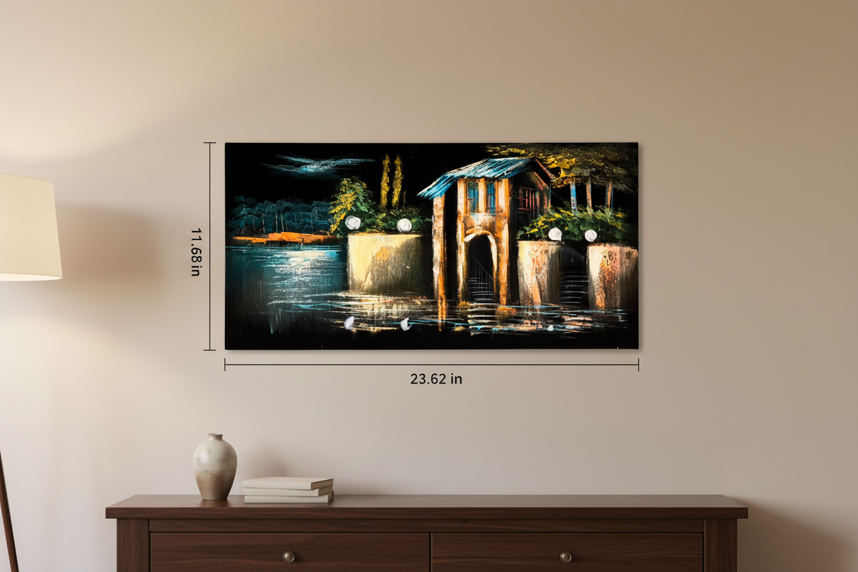 Original acrylic night waterscape painting displayed unframed on a warm beige living room wall