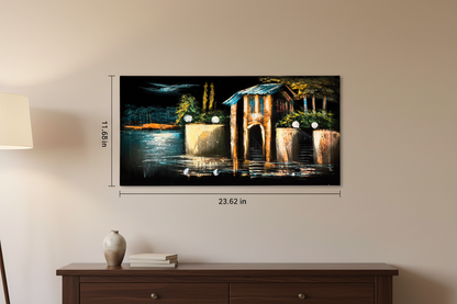 Original acrylic night waterscape painting displayed unframed on a warm beige living room wall