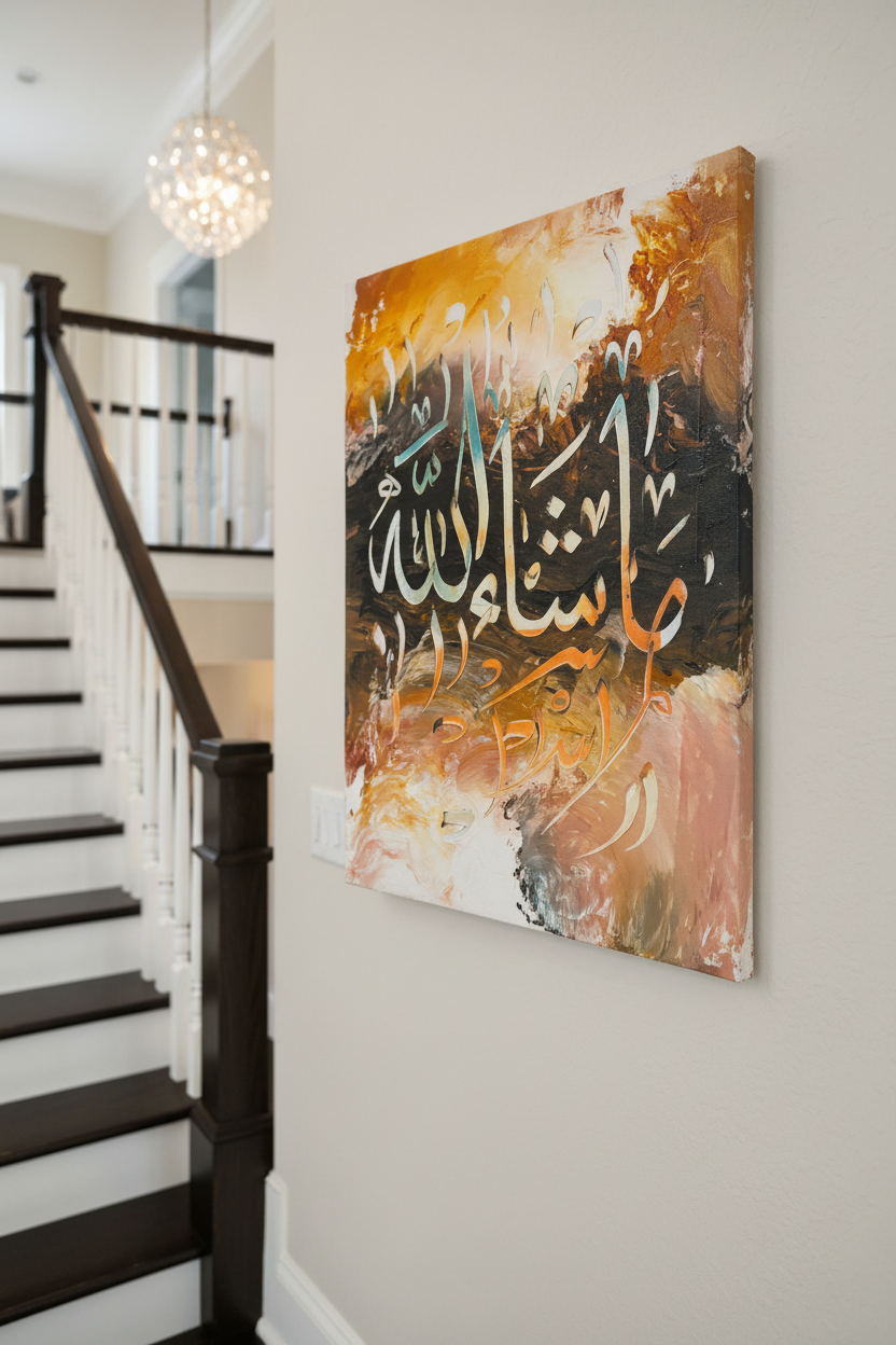 Masha'Allah amber Arabic calligraphy canvas art hanging on a wall beside an elegant staircase, portrait 3:4 ratio, no frame gallery wrap, luxury home interior