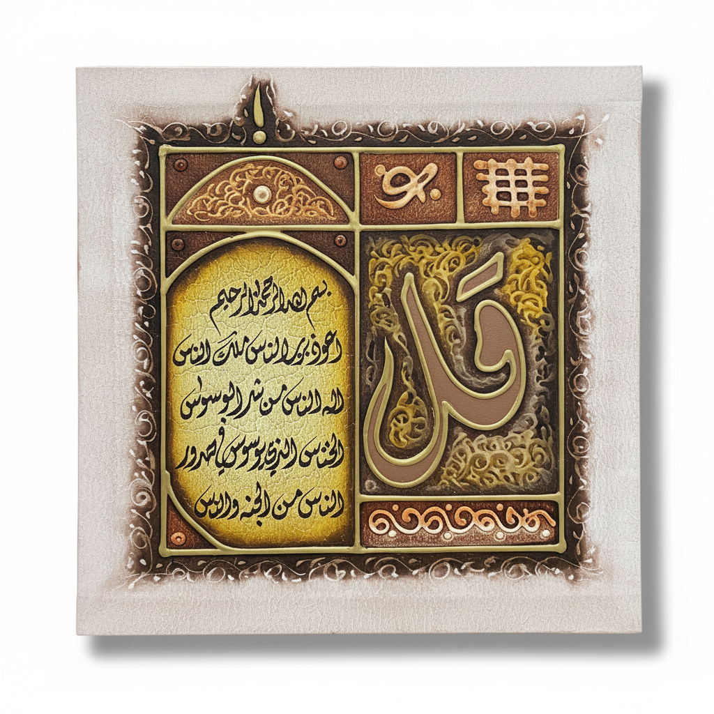 Surah Al-Nas Qaf multi-panel canvas on white background with shadow
