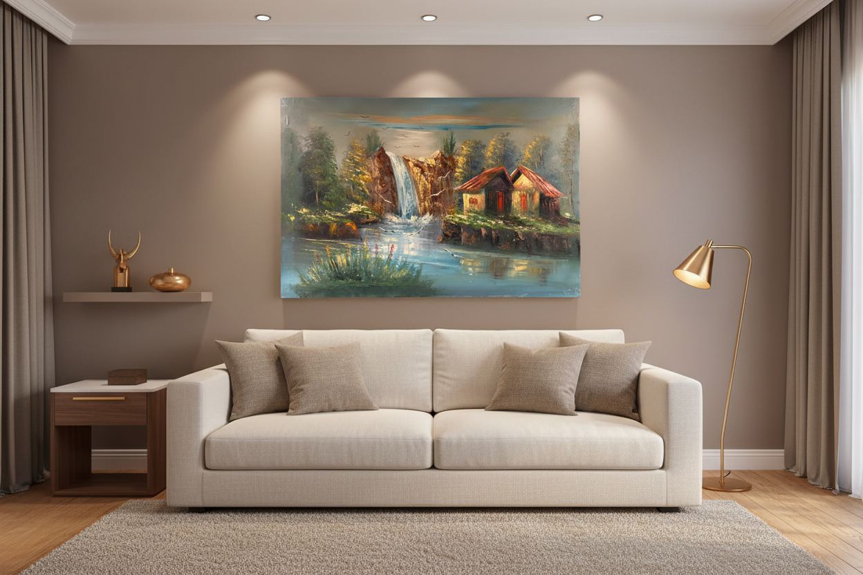 Original waterfall cabin oil painting hung unframed on feature wall in a sophisticated modern leaving room at correct scale 35.43 by 23.62 inches