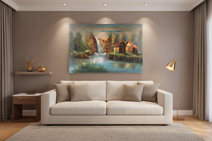 Original waterfall cabin oil painting hung unframed on feature wall in a sophisticated modern leaving room at correct scale 35.43 by 23.62 inches