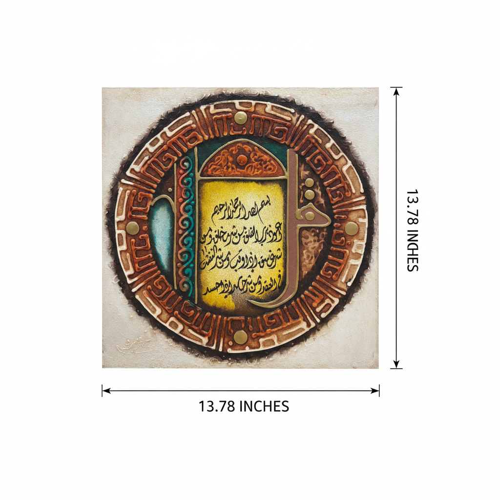 Dimension diagram – 13.78 x 13.78 inches Surah Al-Falaq circular mandala canvas