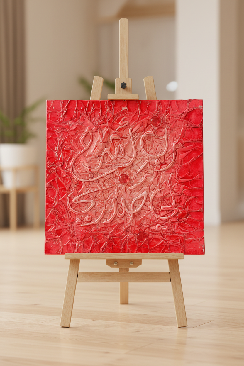 Islamic calligraphy canvas displayed on art stand