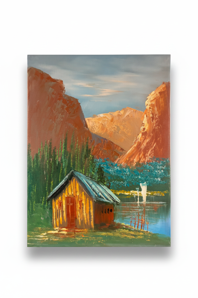 Original mountain cabin oil painting isolated with shadow, no background