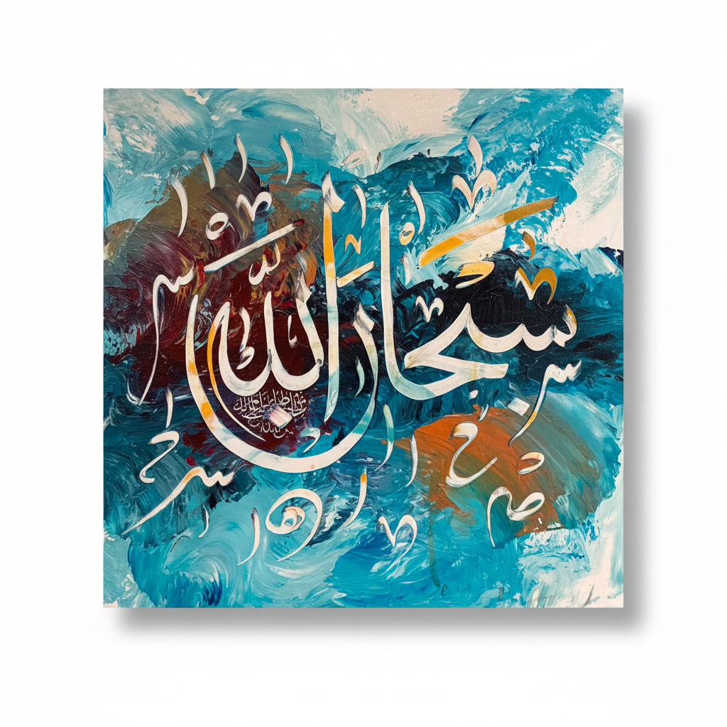 SubhanAllah white calligraphy ocean teal blue square canvas art on white background with shadow, no frame, product shot