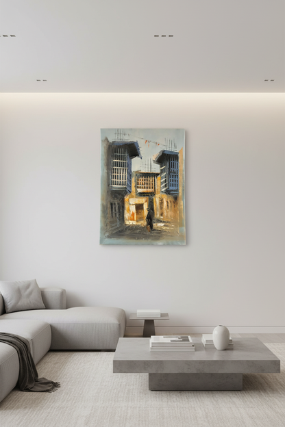 Old city alleyway painting hung on empty white wall in minimalist living room