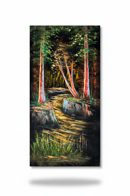 Original oil painting on white background with shadow – enchanted forest path with luminous trees