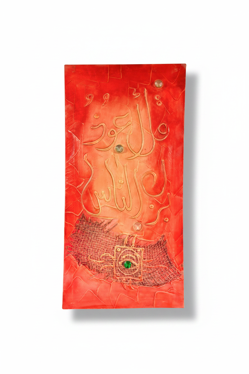 Islamic calligraphy red-orange canvas on white background with shadow