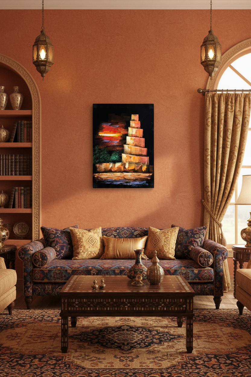 Malwiya minaret sunset canvas art hung on terracotta accent wall in elegant Iraqi Middle Eastern inspired living room lifestyle photo