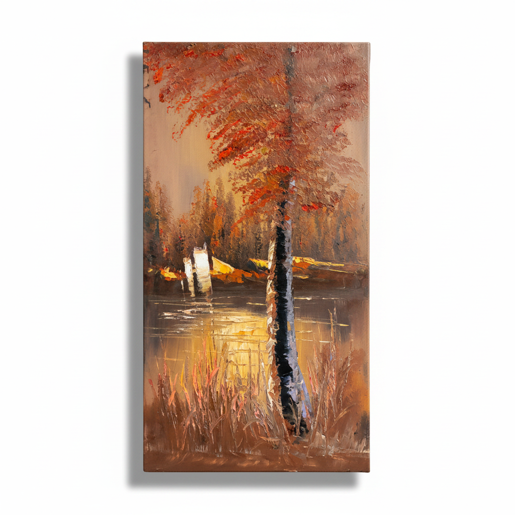 Autumn Fire by the Lake oil painting isolated on white background with shadow
