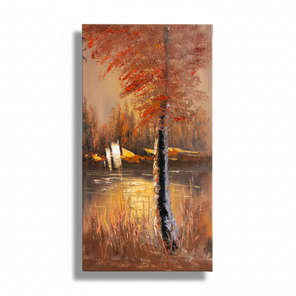 Autumn Fire by the Lake oil painting isolated on white background with shadow