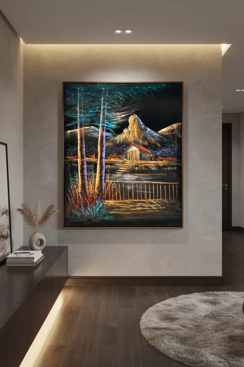 Dramatic mountain lakeside cabin night scene canvas art staged in a stylish home hallway