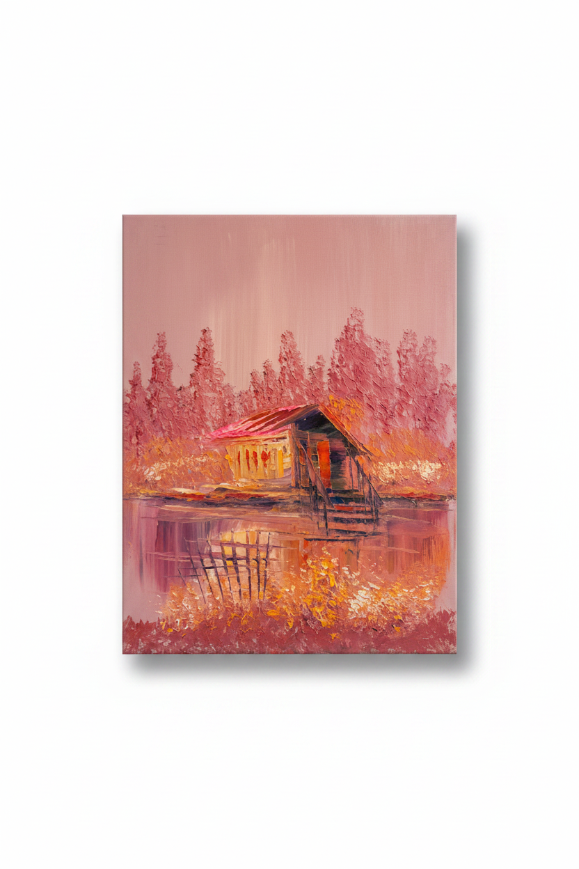 Rustic lakeside cabin oil painting isolated with shadow, no background