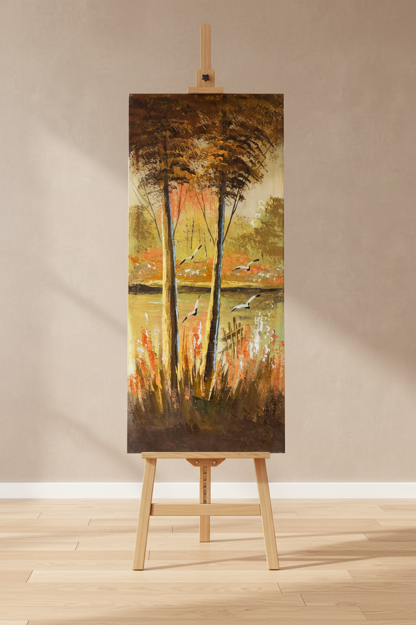 Original oil painting displayed upright on a wooden art easel stand in a studio, no frame