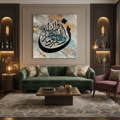 Frameless square Arabic calligraphy canvas art displayed in sophisticated dining area